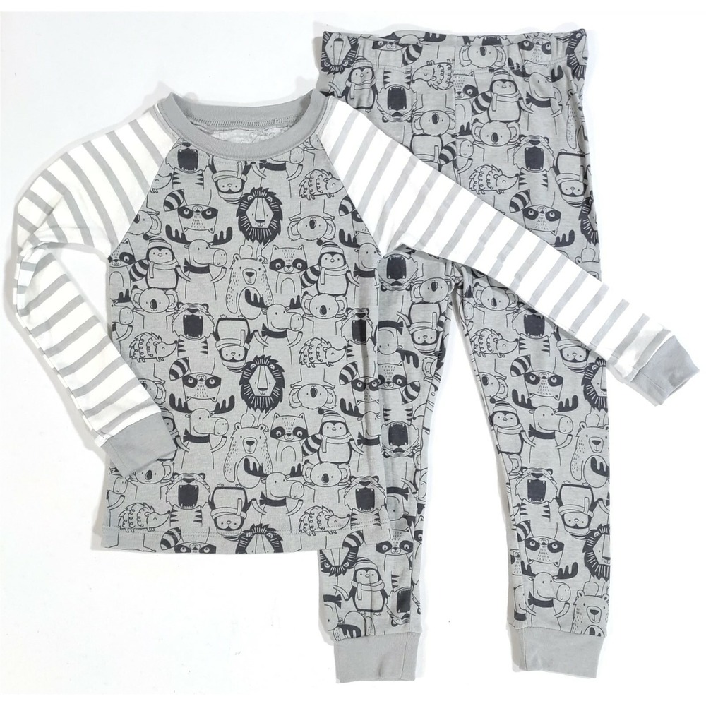 Wonder Nation 5T Toddler Boys Pajamas Gray Animal Print Shirt Pants Set Snug Fit